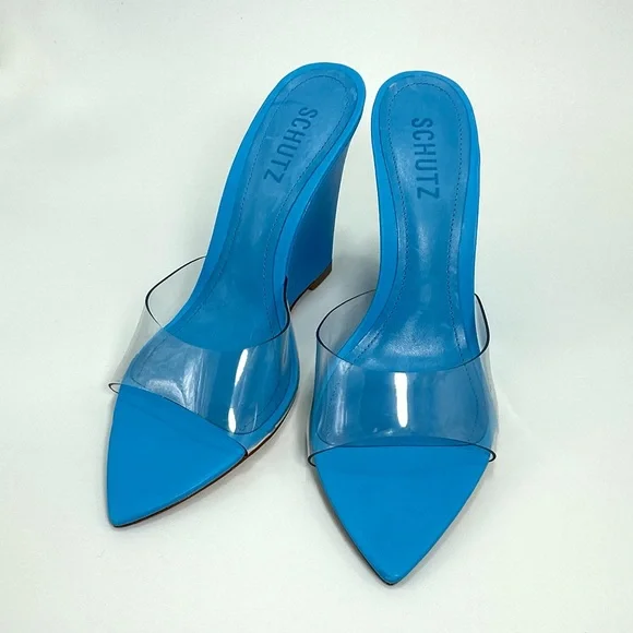 NWOT Schutz lucimara vinyl blue wedge sandal size 7.5 - Picture 2 of 11